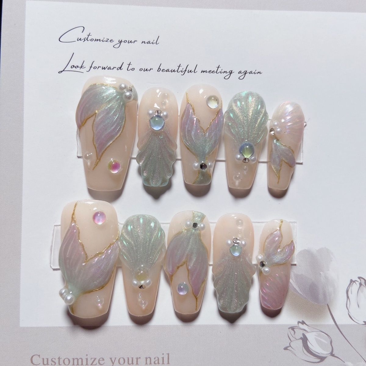 Fishtail Style Handmade Fake Nail Pink And  Blue With Pearls Medium T-shaped Removable And Reuse Press On Nail Sticker With Glue