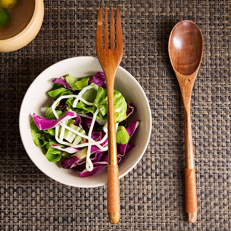 2Pcs Wooden Spoon Fork Dinnerware Set Long Wood Spoon and Fork Set Dessert Soup Spoon Dining Fork Portable Cutlery Tableware