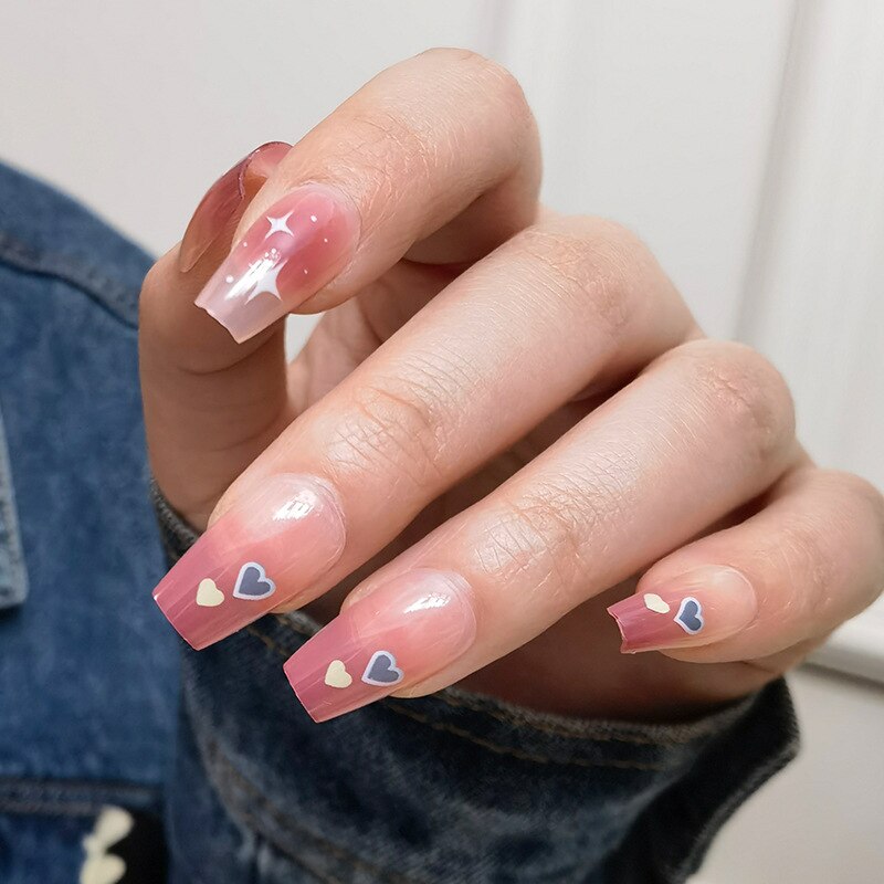 24pcs Press on Nails Short Fake Nails with Glue Jelly Gradient Design Detachable Artificial Nail Acrylic Coffin False Nails Tips