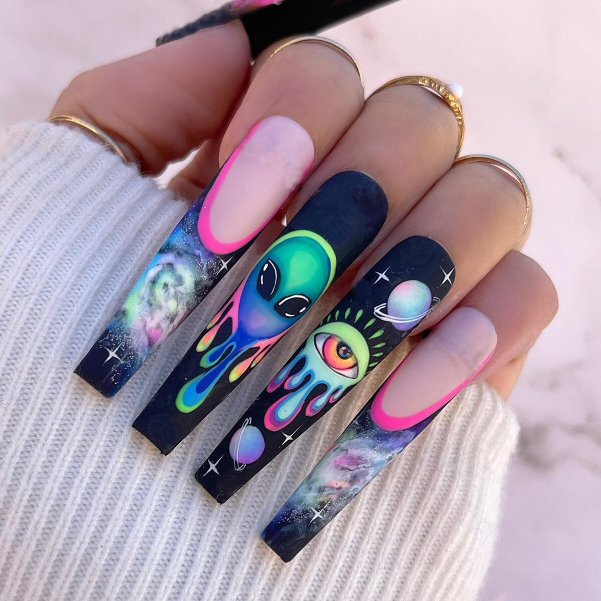 24Pcs Wearable False Nails with glue Long Ballerina Pink Press On Nails French Full Cover Coffin Fake Nails tip with rhinestones