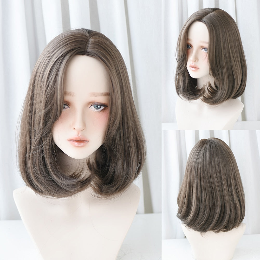 Short Wigs Straight Bob Wigs with Bangs Brown Pink Wig Black Natural Synthetic Hair for Women Daily Cosplay Heat Resistant Wig