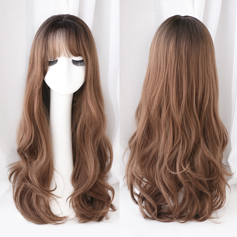 Long Curly Hair Women Wig with Bangs Daily Brown Black Pink Lolita Cosplay Braided Wigs Heat Resistant Fiber