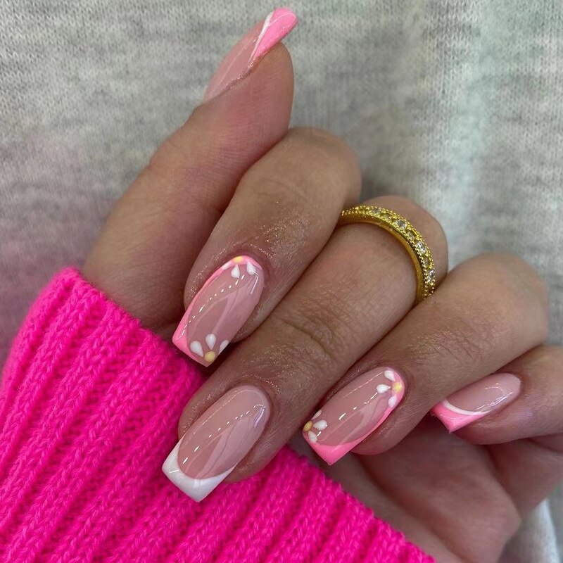 24Pcs Simple False Nails with White Edged Designs Long Ballerina Fake Nails Wearable Coffin French Nails Tips Press on Nails