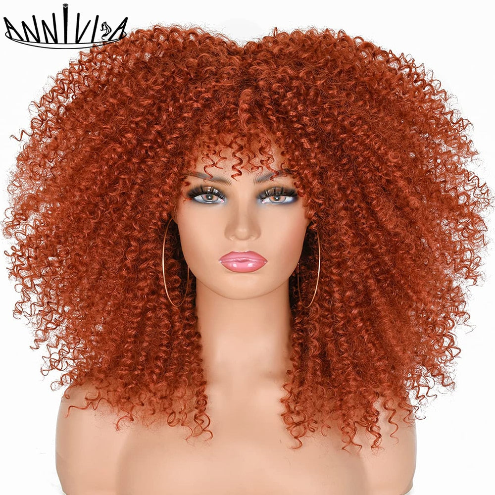 Curly Afro Wigs For Black Women Short Kinky Curly Wigs With Bangs 16inch Brown Afro Hair Synthetic Fibre Glueless Cosplay Hair