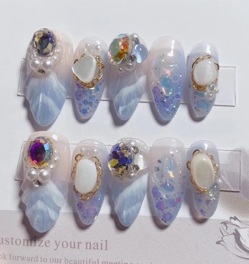 Fishtail Style Handmade Fake Nail Pink And  Blue With Pearls Medium T-shaped Removable And Reuse Press On Nail Sticker With Glue