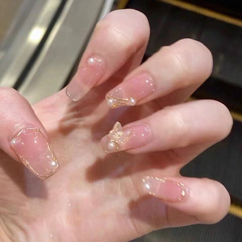 24pcs Butterfly decorated false nails Removable Long Paragraph Manicure fake nail tips full cover acrylic for girls nail