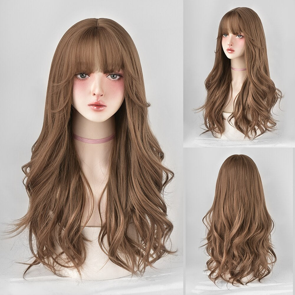 Long Curly Hair Women Wig with Bangs Daily Brown Black Pink Lolita Cosplay Braided Wigs Heat Resistant Fiber