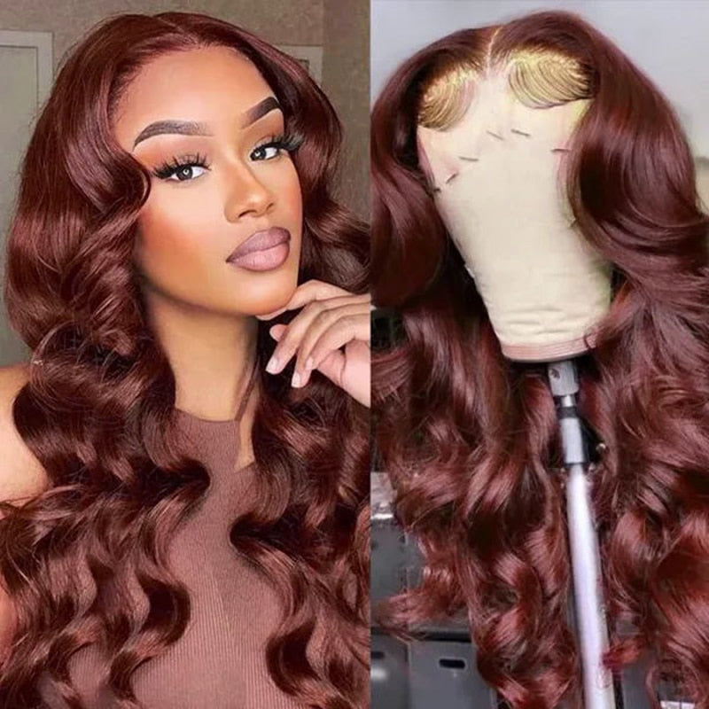 Copper Red Brown Wavy Synthetic Lace 13X1 T Part Wigs For Women Reddish Brown Long Body Wave Pre Plucked With Baby Hair Fiber