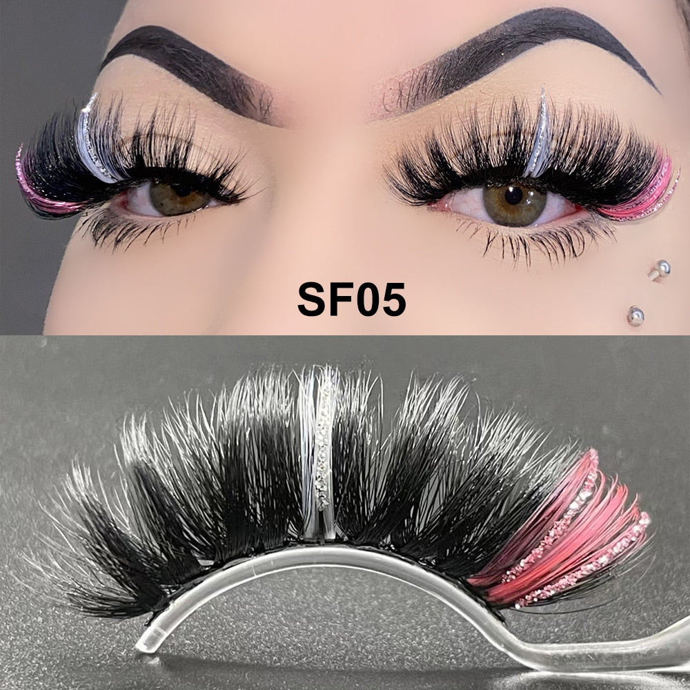 5D Fluffy 18-22MM Glitter Mink Lashes 1 Pair Party Colored Mink Eyelashes Box Package Rainbow Pink White Fake Eyelashes