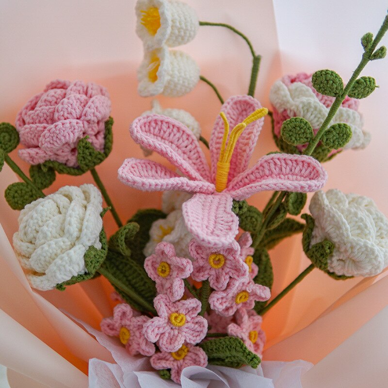 Knitting Flowers Rose Tulip Artificial Fake Flowers Bouquet Wedding Decoration Hand-woven Home Decorate Knit Fake Flower Gifts
