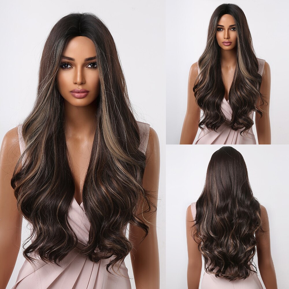 Long Wavy Black Natural Hair Wig Synthetic Middle Part Wigs for Black Women Heat Resistant Water Wave Cosplay Daily Use Wig
