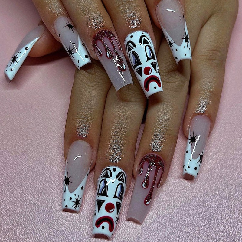 24Pcs Wearable False Nails with glue Long Ballerina Pink Press On Nails French Full Cover Coffin Fake Nails tip with rhinestones