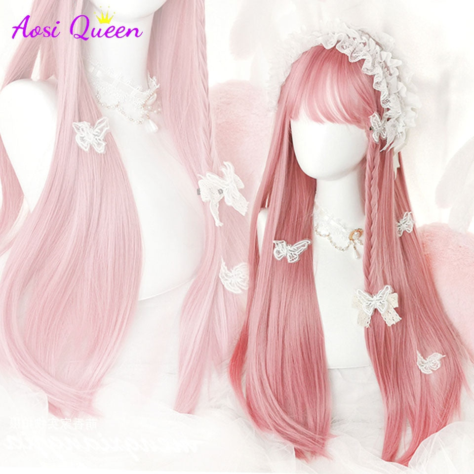 Cosplay Wig With Bangs Synthetic Straight Hair 24 Inch Long Heat-Resistant Pink Wig For Women
