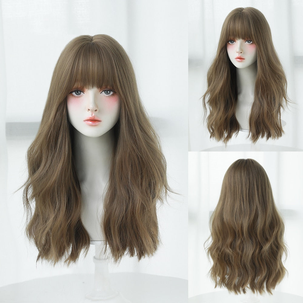 Long Curly Hair Women Wig with Bangs Daily Brown Black Pink Lolita Cosplay Braided Wigs Heat Resistant Fiber