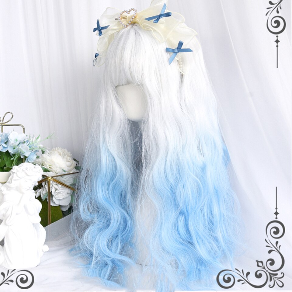 synthetic long curly hair wavy female golden gradient blue purple pink color wig cosplay Lolita wig high temperature