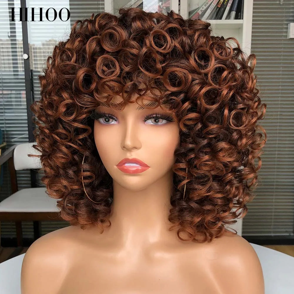 Synthetic Hair Short Afro Kinky Curly Wigs with Bangs For Black Women Cosplay Natural Hair Ombre Mixed Brown Blonde Wig
