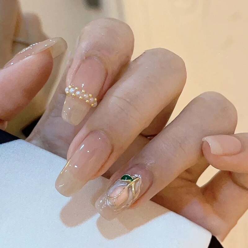 24pcs pink clouds design false nails with glue press on nails medium length acrylic nails coffin full cover nails tips supplies