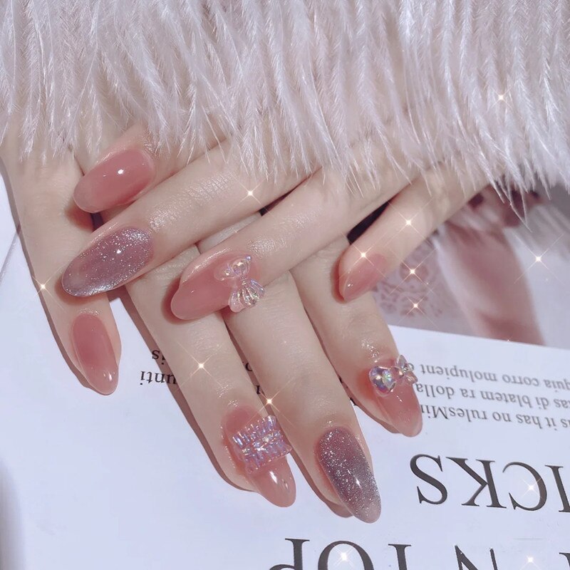 24pcs Butterfly decorated false nails Removable Long Paragraph Manicure fake nail tips full cover acrylic for girls nail