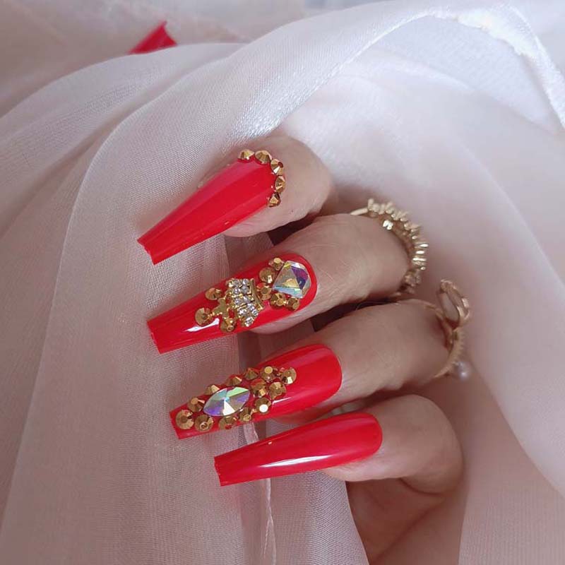 24pcs luxury jewelry long ballet coffin fake nails crystal diamond Transparent
