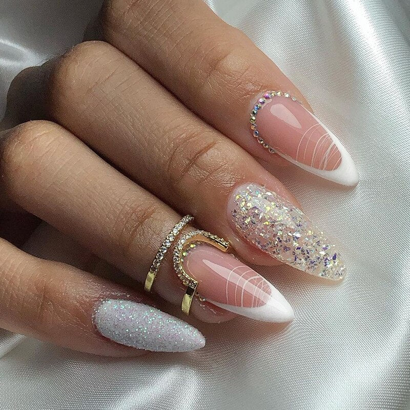 24pcs pink clouds design false nails with glue press on nails medium length acrylic nails coffin full cover nails tips supplies
