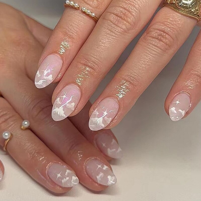 24pcs pink clouds design false nails with glue press on nails medium length acrylic nails coffin full cover nails tips supplies