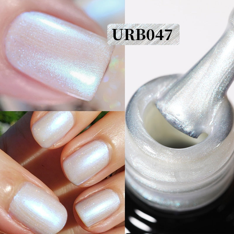 Aurora Rubber Gel Nail Iridescent Pearl Effect Metallic Mirror Nails Manicure Soak Off UV LED No Wipe Top Coat Base Gel