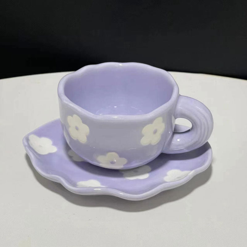 Japanese Hand Painted The Blue Sky and White Clouds Coffee Cup With Saucer Ceramic Handmade Tea Cup Saucer Set Cute Gift For Her