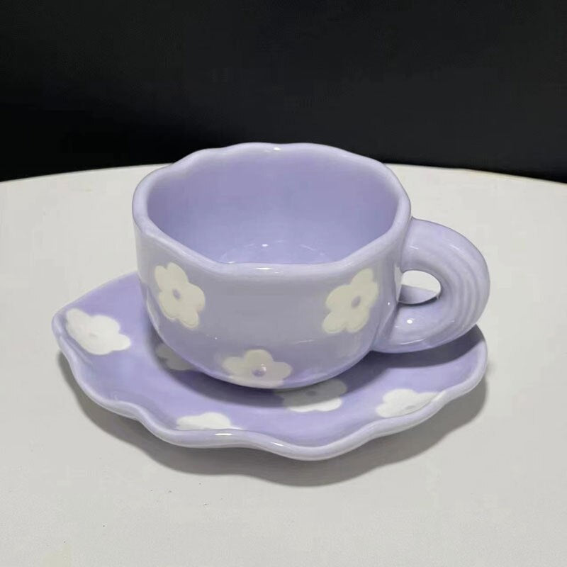 Japanese Hand Painted The Blue Sky and White Clouds Coffee Cup With Saucer Ceramic Handmade Tea Cup Saucer Set Cute Gift For Her