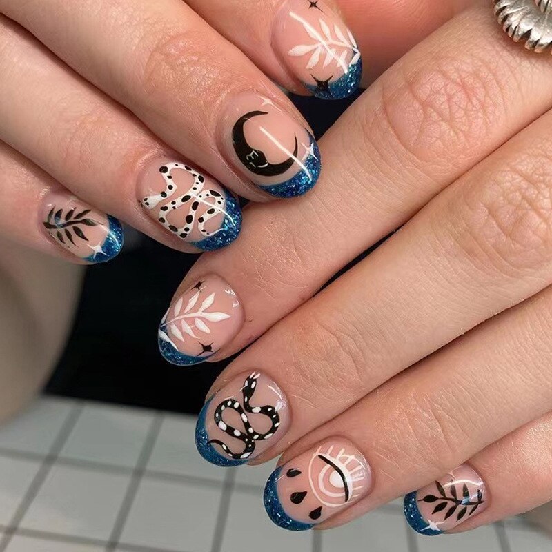 24pcs Almond Full Cover y2k black Sweet Fake Nails with glue cool Stiletto press on nails French artificial Nails With designs