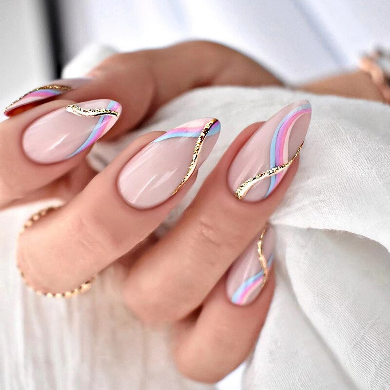 24pcs Almond Full Cover y2k black Sweet Fake Nails with glue cool Stiletto press on nails French artificial Nails With designs