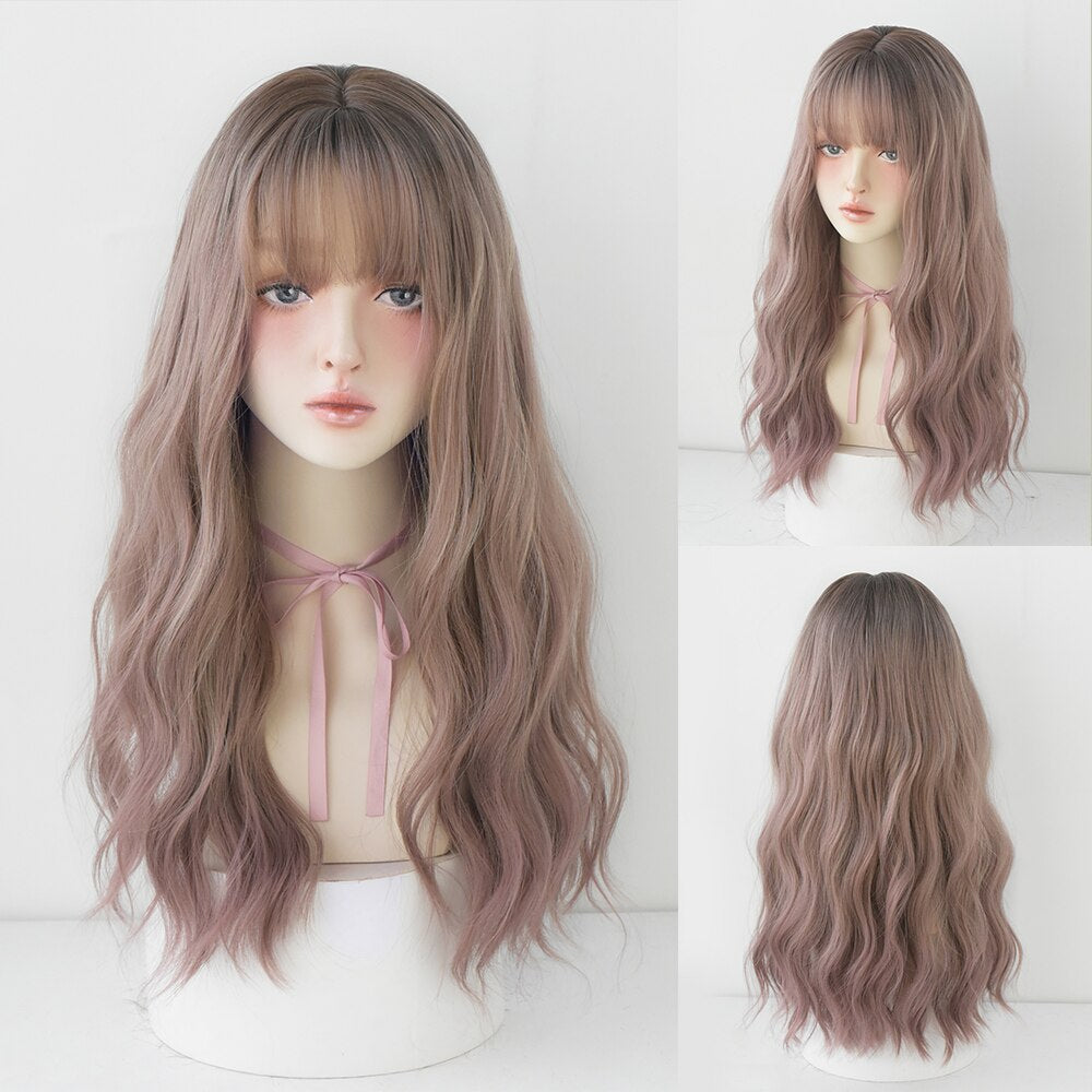 Long Curly Hair Women Wig with Bangs Daily Brown Black Pink Lolita Cosplay Braided Wigs Heat Resistant Fiber
