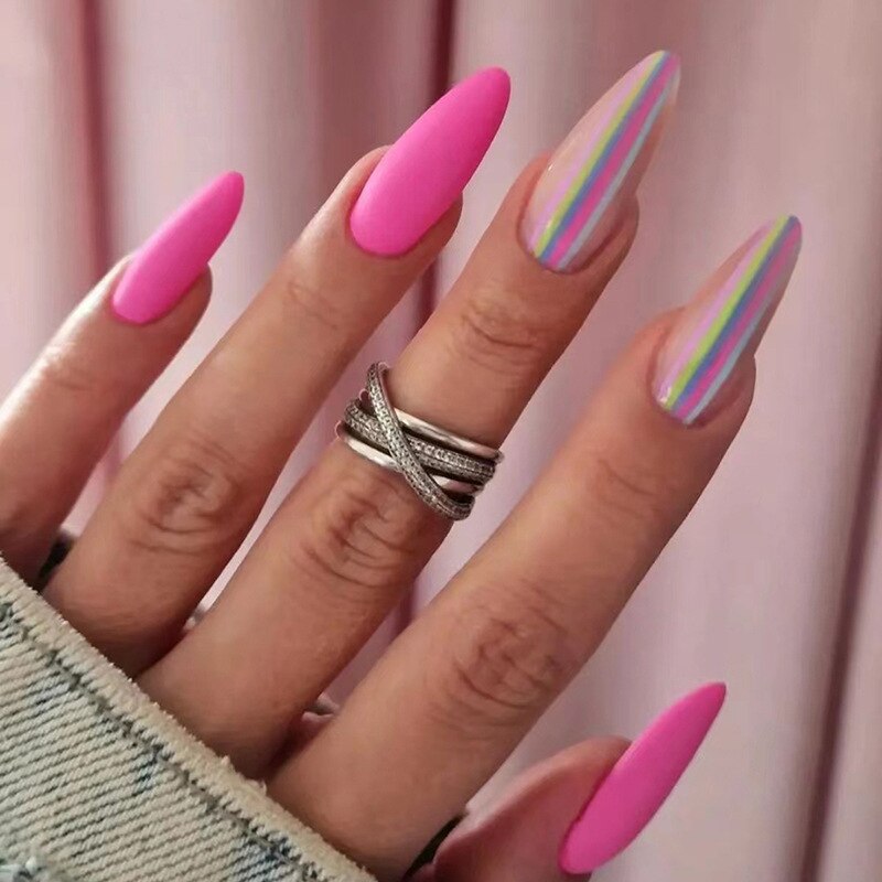 24PCS/Box Pearl Powder Milk White False Nails Round Head with Glue Long Ballet Wearable Fake Nails Full Cover Press on Nail Tips