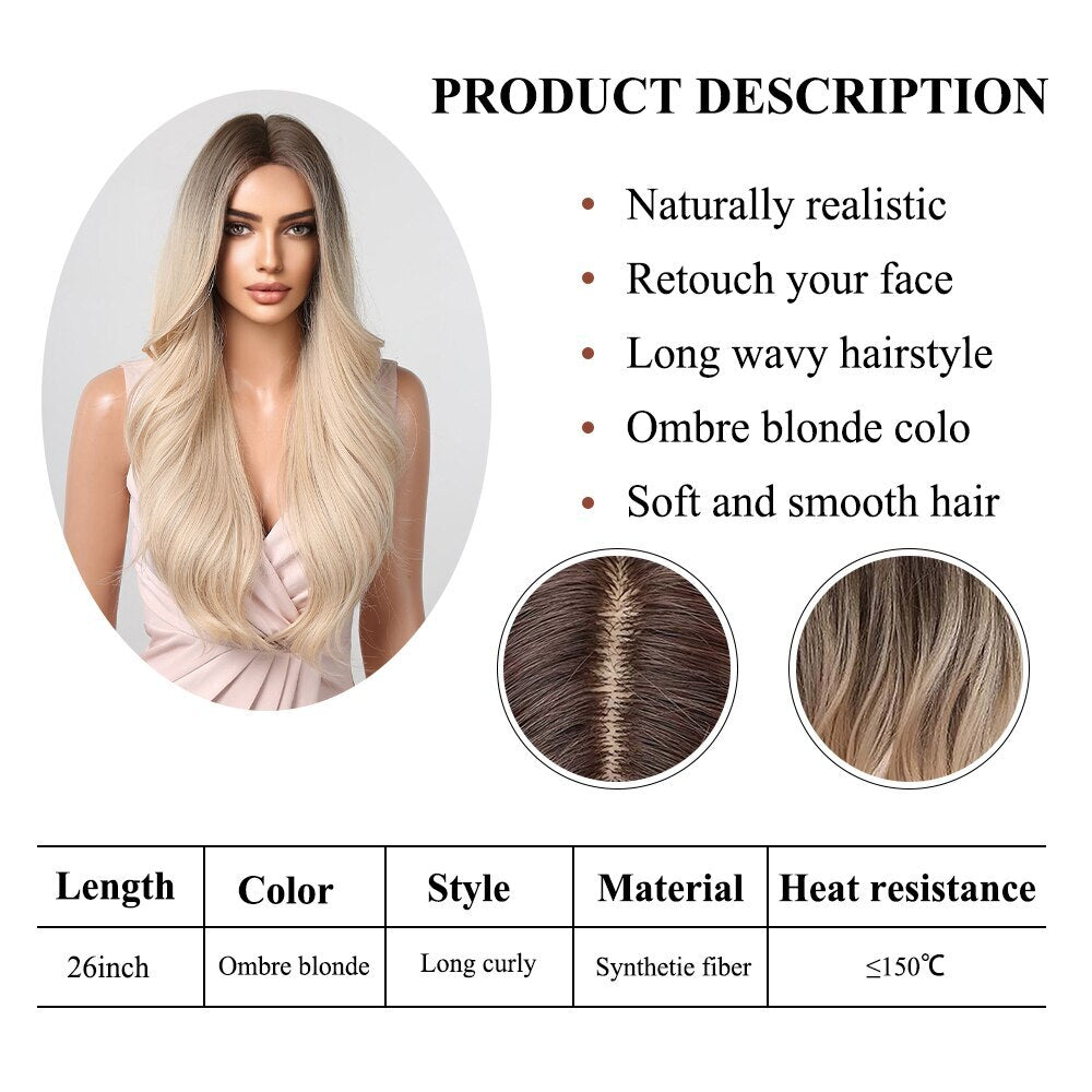 Brown to Light Blonde Ombre Platinum Synthetic Wig for Women Long Wavy Middle Part Hair Wig Cosplay Natural Heat Resistant