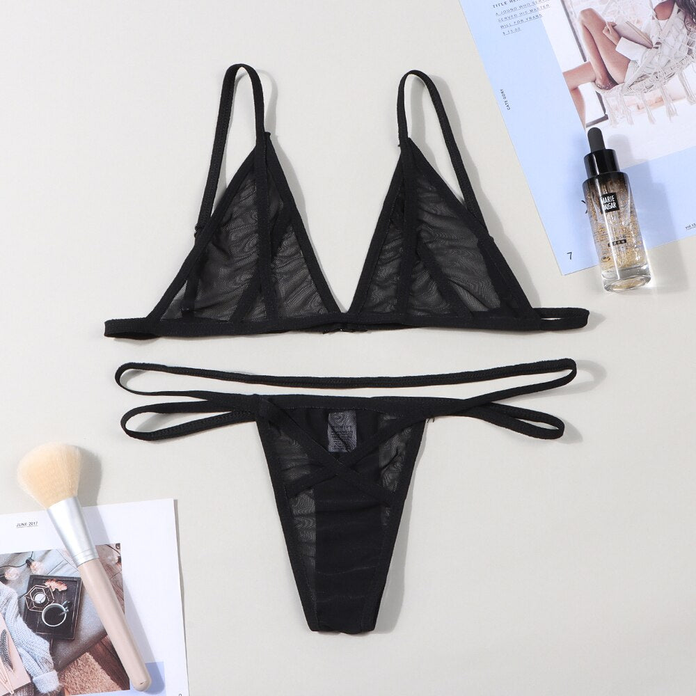 Women Lace Sensual Lingerie Set Sexy Dot Thong Erotic Underwear Mesh See Through Heart Ring Bra Bandage G-string Panties Suit