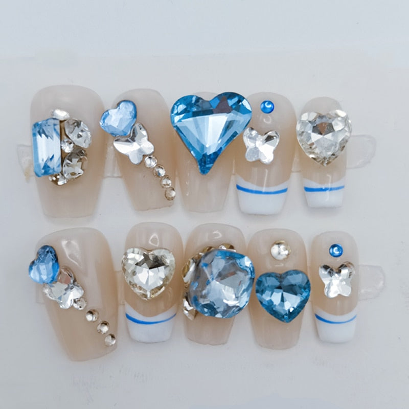 French Sailor Style Pure Handmaded T-shaped Reusable False Nails Light Blue Love Heart Crushed Diamond Wearable Nails Detachable
