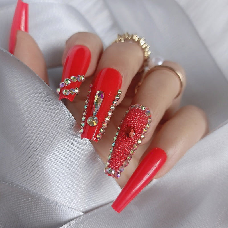 24pcs luxury jewelry long ballet coffin fake nails crystal diamond Transparent
