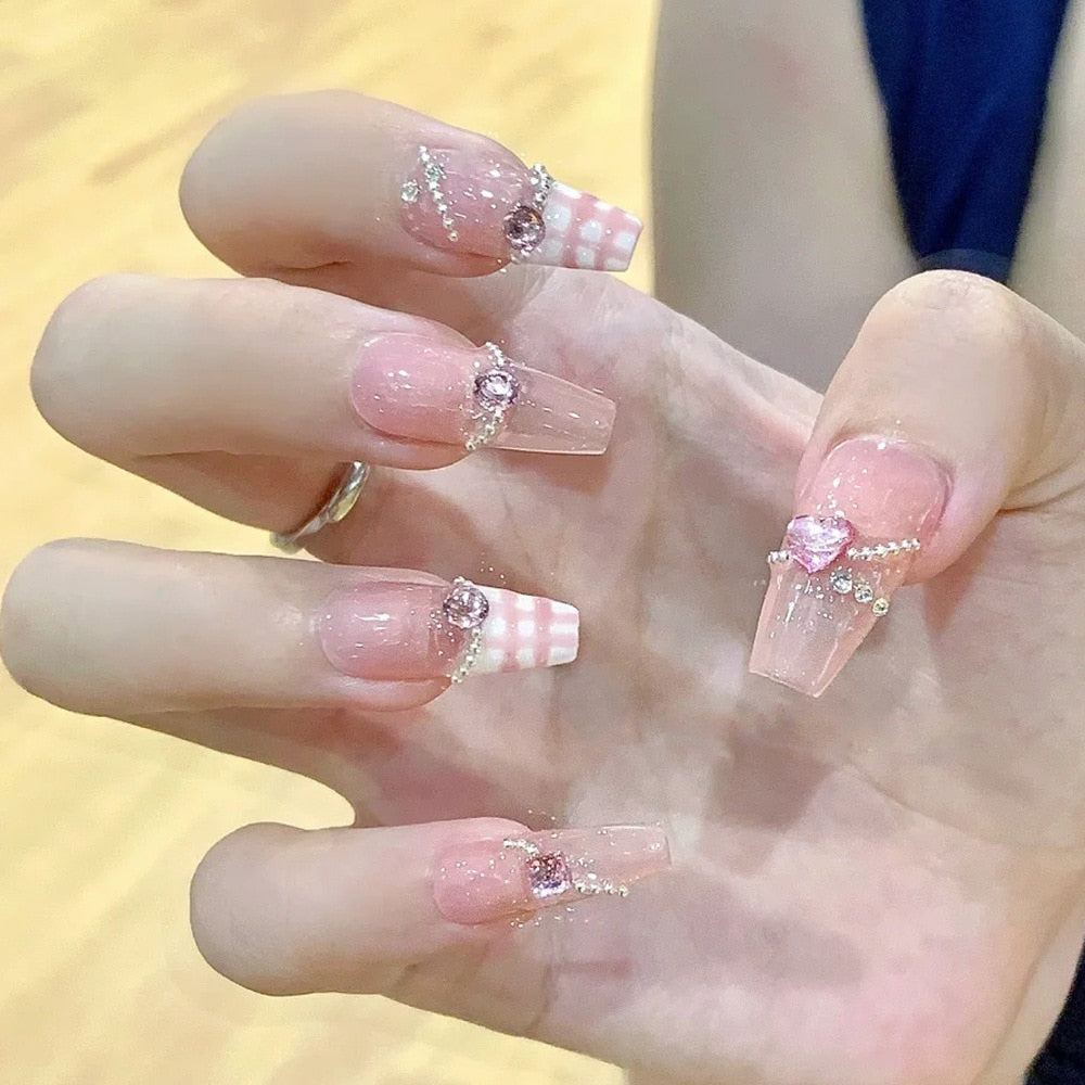 24pcs Butterfly decorated false nails Removable Long Paragraph Manicure fake nail tips full cover acrylic for girls nail