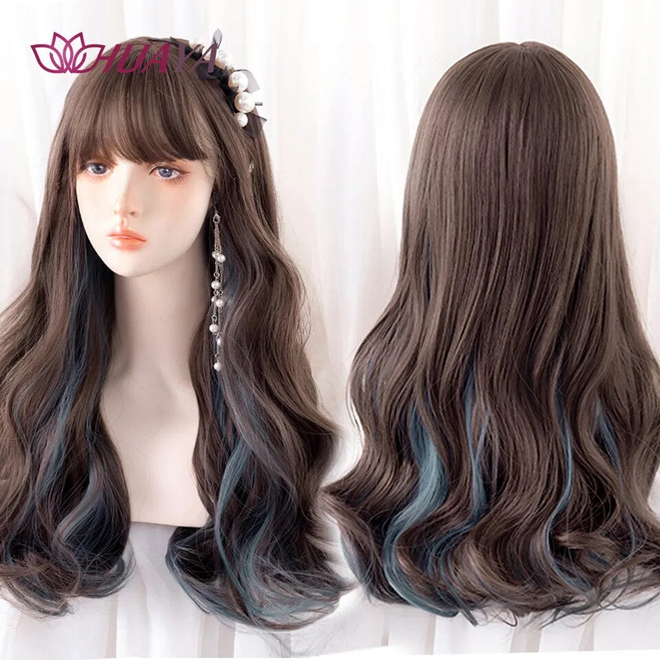 Long Straight Wig with Bangs Purple-White Heat Resistant Synthetic Hair Wigs for African American Girl Lolita Cosplay Wig