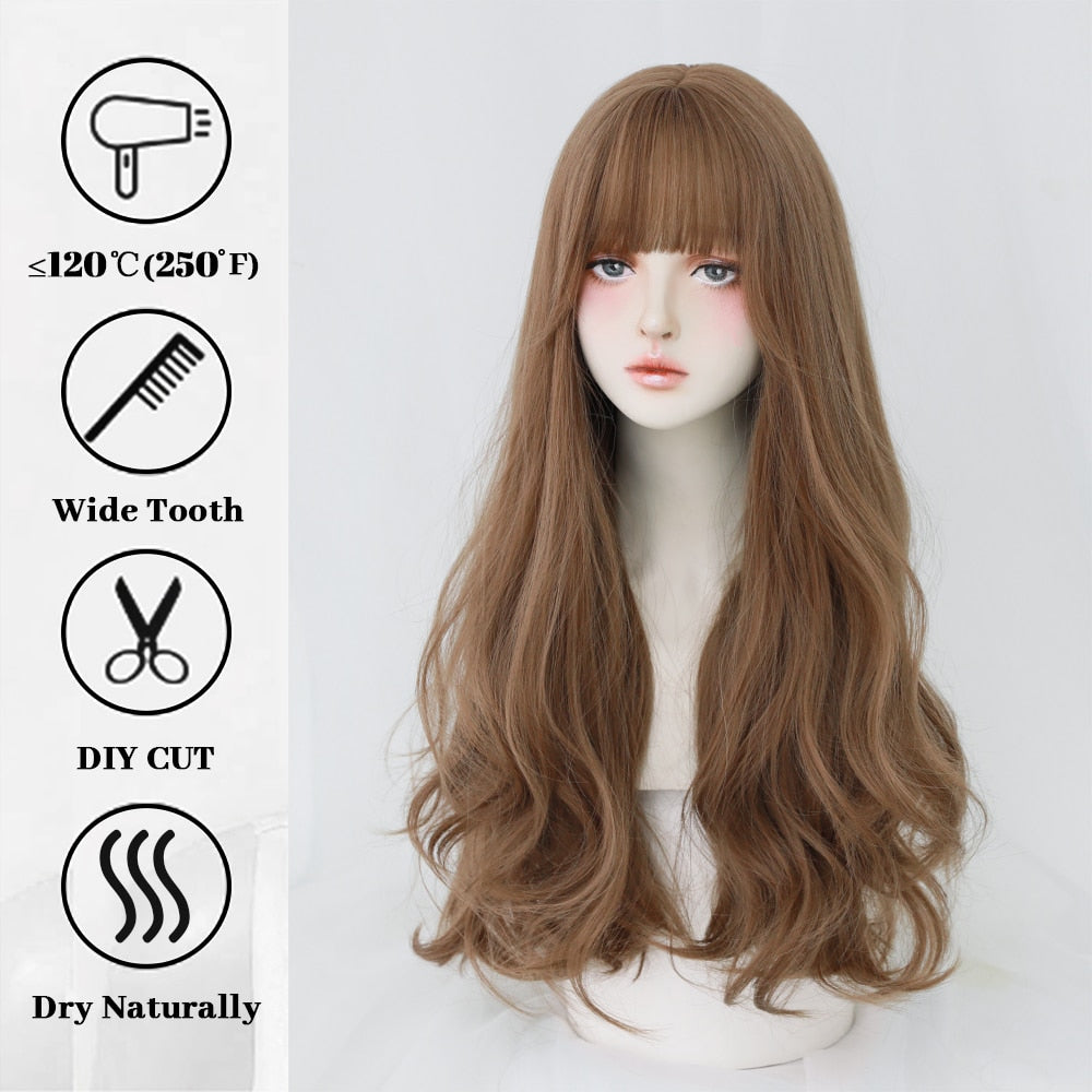 Long Curly Hair Women Wig with Bangs Daily Brown Black Pink Lolita Cosplay Braided Wigs Heat Resistant Fiber