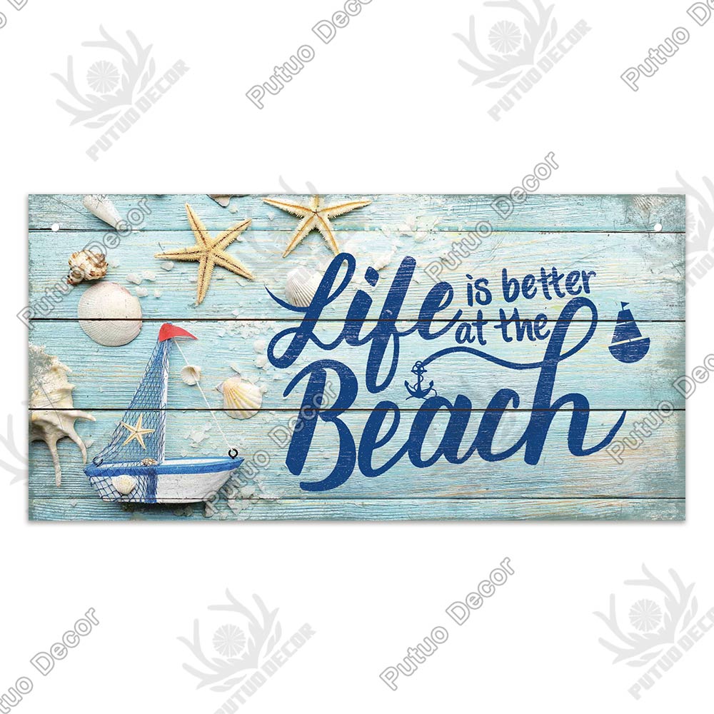 Putuo Decor Beach Home Signs Wood Wall Plaque Wooden Signs Welcome Decor Hanging Plate for Beach House Home Bedroom Tent Decor