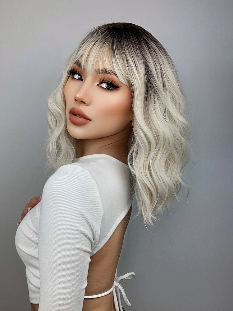 Ombre Blonde Short Bob Synthetic Wig For Women With Bangs White Gold Body Wave Cosplay Lolita Natural Heat Resistant Hair