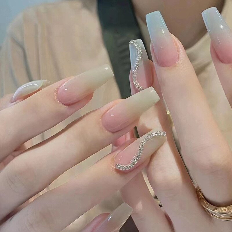 24pcs Press on Nails Short Fake Nails with Glue Jelly Gradient Design Detachable Artificial Nail Acrylic Coffin False Nails Tips