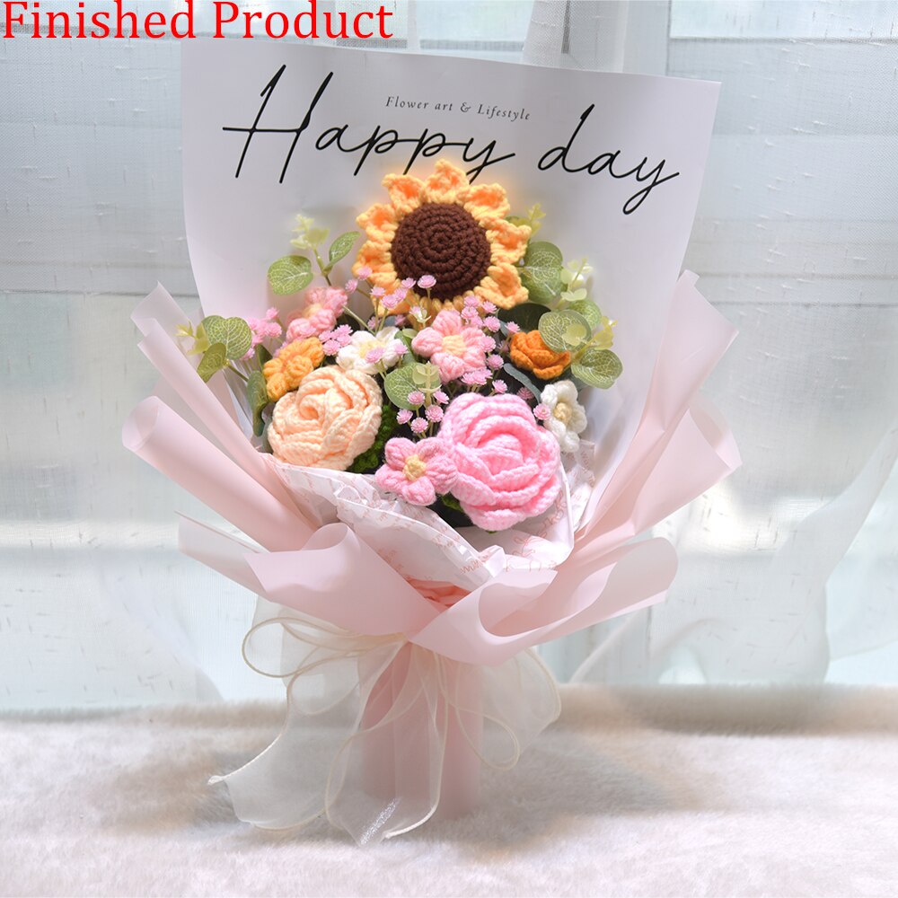 Finished Product Knitting Flowers Rose Tulip Fake Flowers Bouquet Wedding Decoration Hand-woven Home Decorate Knit Flower Gifts