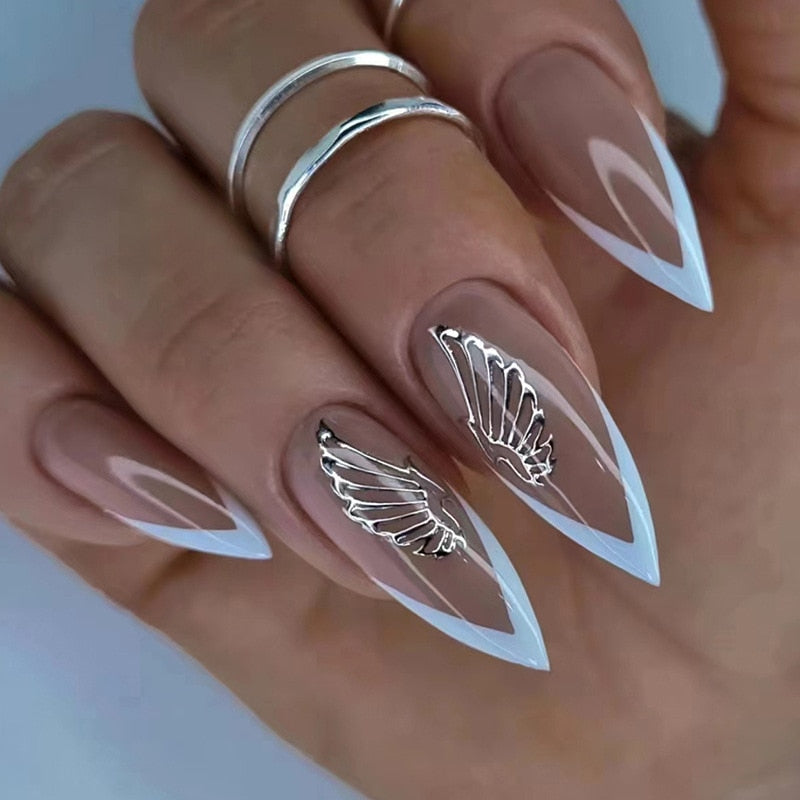 24pcs Almond Full Cover y2k black Sweet Fake Nails with glue cool Stiletto press on nails French artificial Nails With designs
