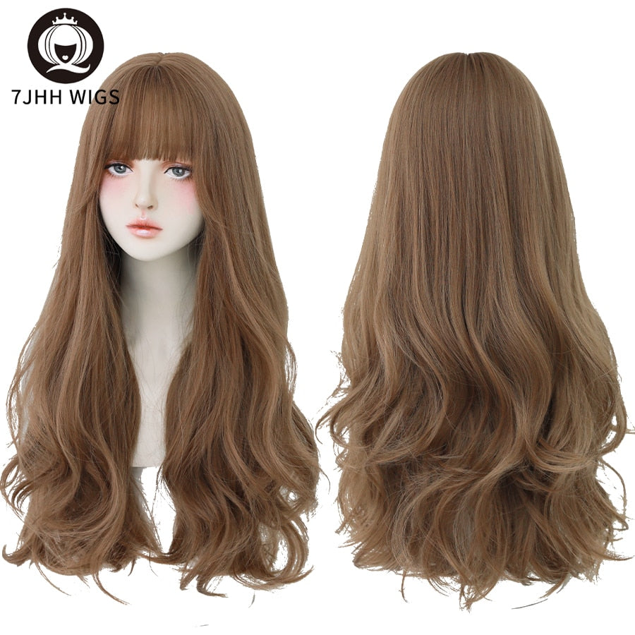 WIGS Brown Ash Long Deep Wave Hair Lolita Wigs With Bangs Synthetic Wig For Women Thick Curls Wigs