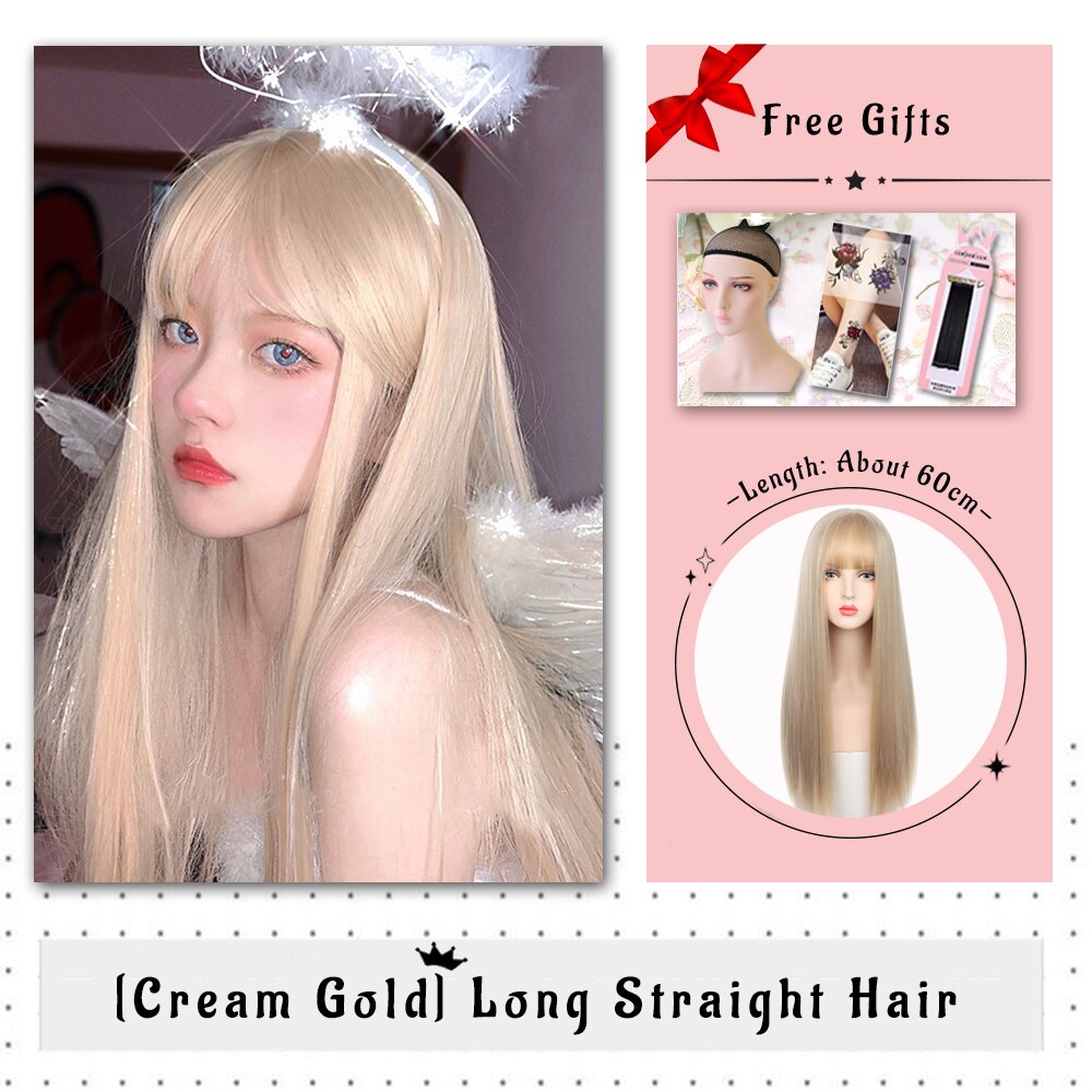 Brown Black Gold Wool Roll Synthetic Wig For Women Long Roll Wig Bangs Cosplay Party Heat Resistant Hair
