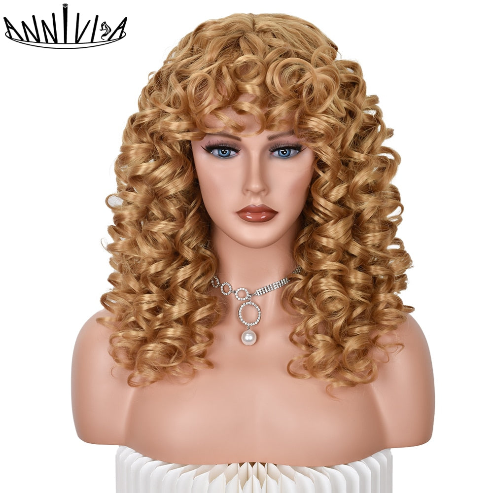 Red Brown Curly wigs with Bangs Natural Synthetic Long Wavy Wigs for Women Afro Cosplay Daily Heat Resistant Hair Wig