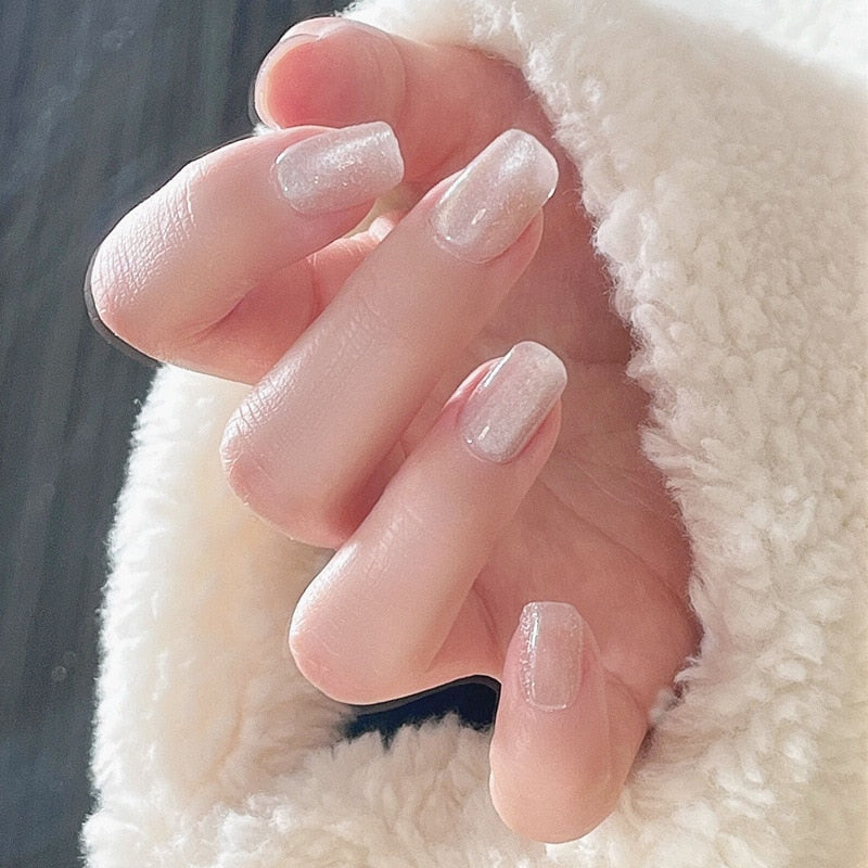 24PCS/Box Pearl Powder Milk White False Nails Round Head with Glue Long Ballet Wearable Fake Nails Full Cover Press on Nail Tips