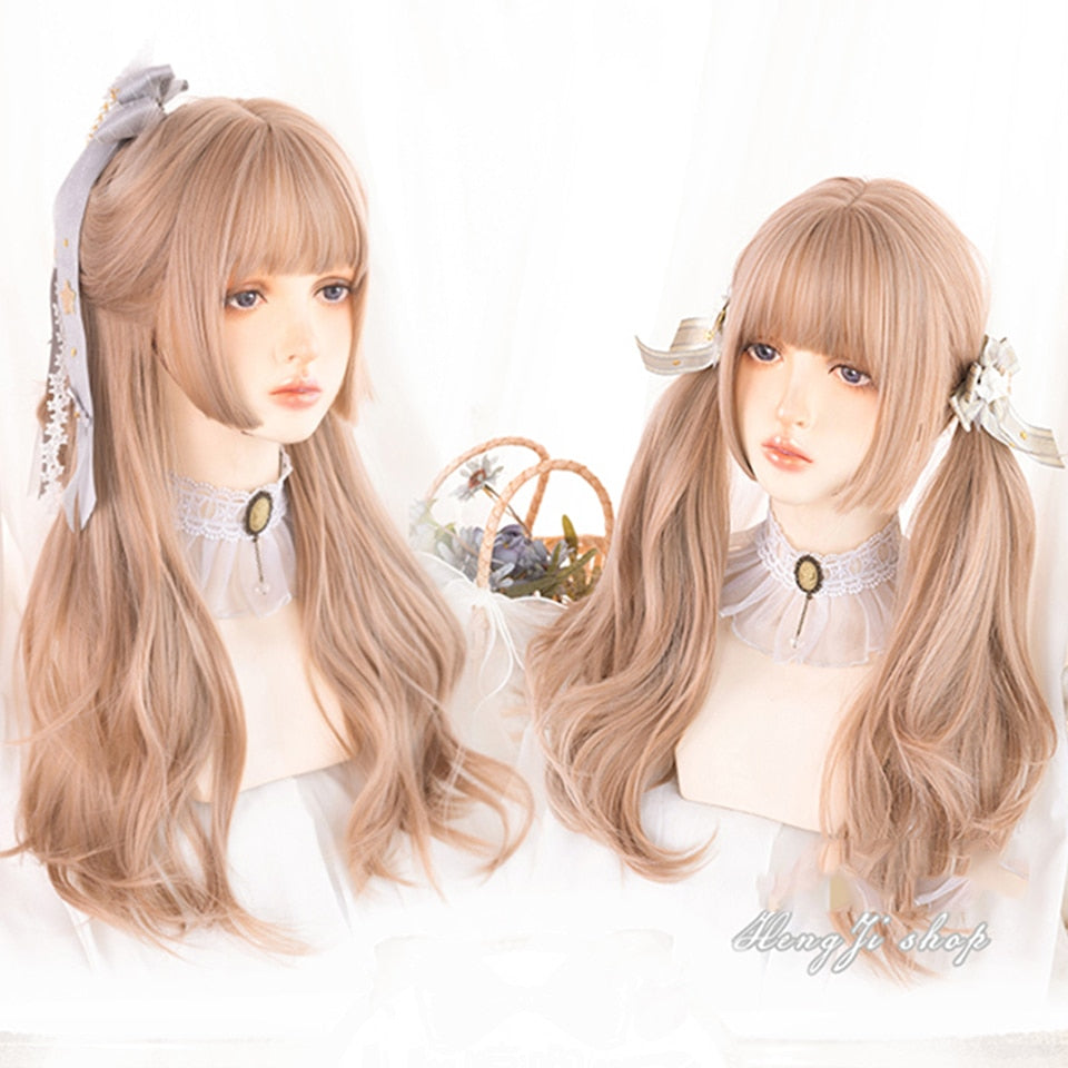Synthetic long wavy curly hair female cold brown black cosplay Lolita pink purple blue wig heat-resistant bangs