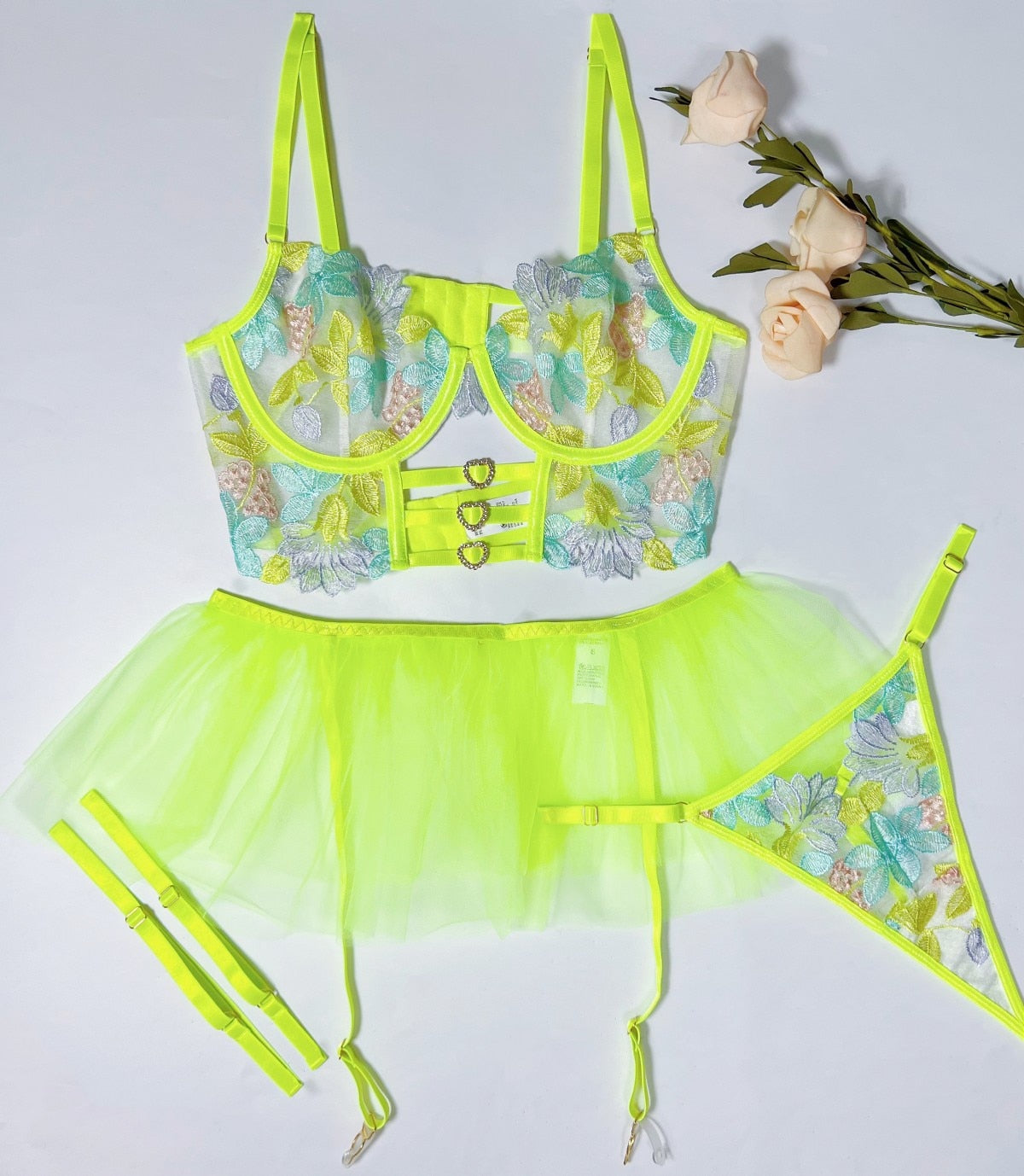 Ruffle Erotic Lingerie Floral Embroidery Brief Sets Fancy Underwear Bra Kit Push Up Delicate Tulle Garter Thong Outfit